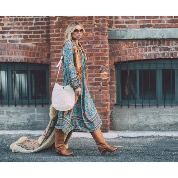 SPELL Folk Town Boho Midi Dress Turquoise Floral Long Sleeve RARE Small - Picture 4 of 16